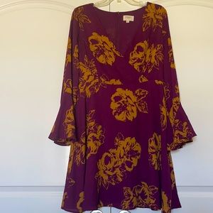 Everly Purple Gold Floral Dress With Bell Sleeves
